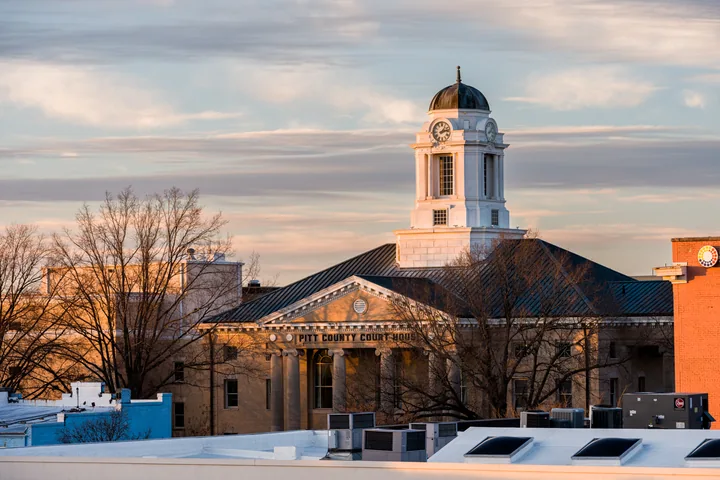 Downtown Greenville, North Carolina at sunset in February 2026